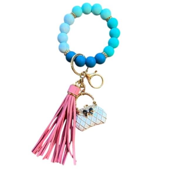 NWT Beaded Bracelet Keychain With Pink Tassel & Mini Purse Charm - Picture 1 of 1